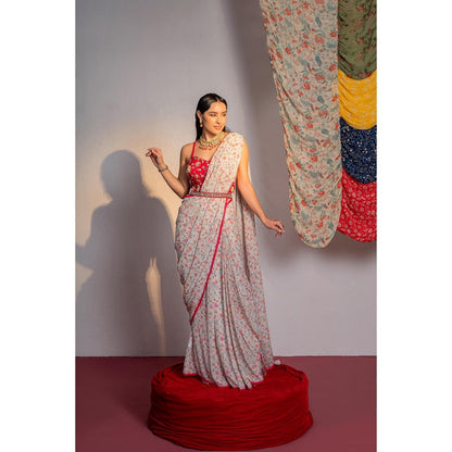 Redpine Designs White Printed Pre Drape Saree with Stitched Blouse and Belt