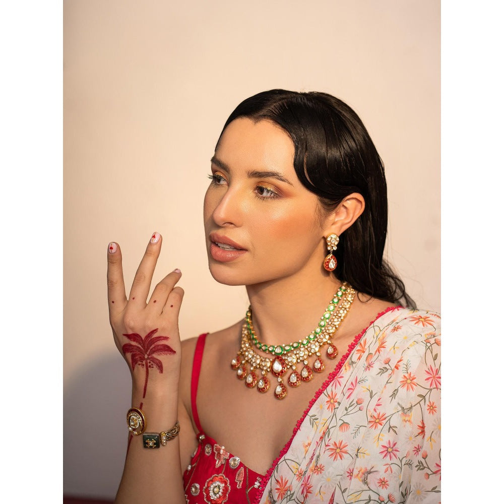 Redpine Designs White Printed Pre Drape Saree with Stitched Blouse and Belt