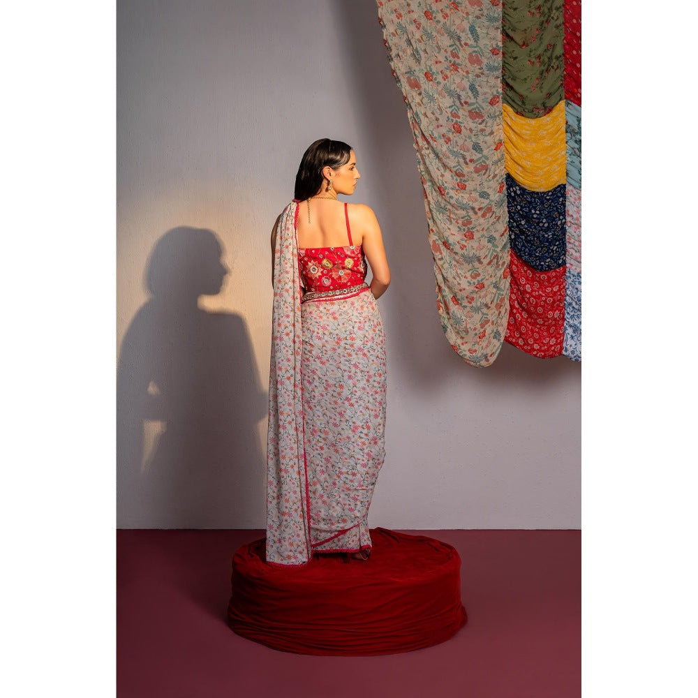 Redpine Designs White Printed Pre Drape Saree with Stitched Blouse and Belt