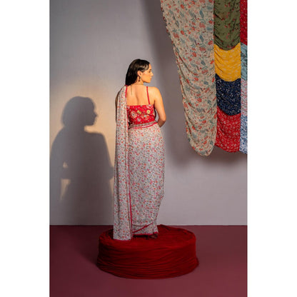 Redpine Designs White Printed Pre Drape Saree with Stitched Blouse and Belt