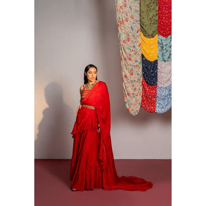 Redpine Designs Red Embroidered Pre Drape Saree with Stitched Blouse and Belt
