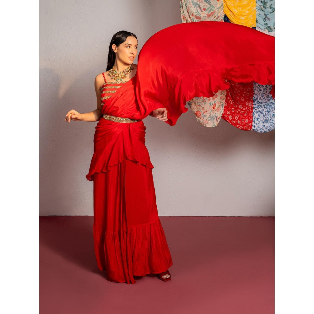 Redpine Designs Red Embroidered Pre Drape Saree with Stitched Blouse and Belt