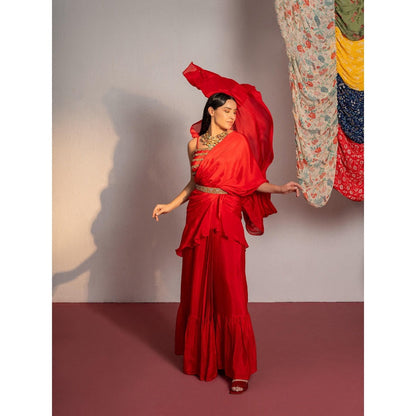 Redpine Designs Red Embroidered Pre Drape Saree with Stitched Blouse and Belt