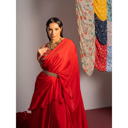Redpine Designs Red Embroidered Pre Drape Saree with Stitched Blouse and Belt