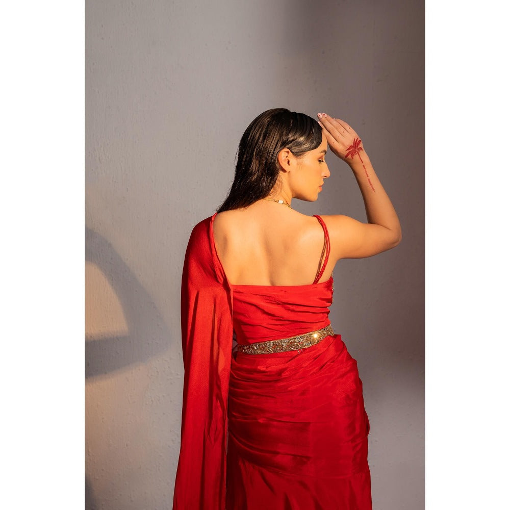 Redpine Designs Red Embroidered Pre Drape Saree with Stitched Blouse and Belt