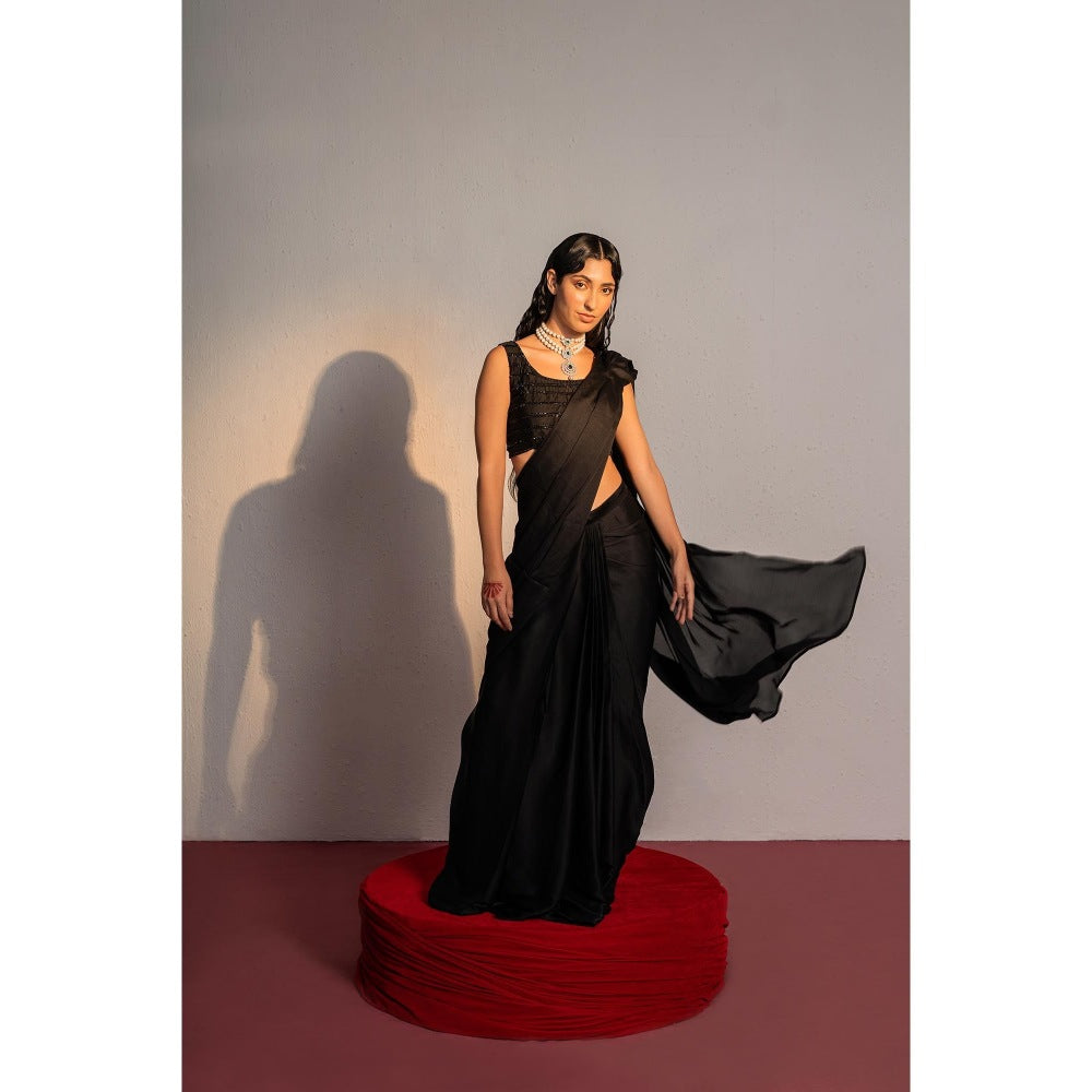 Redpine Designs Black Embroidered Pre Drape Saree with Stitched Blouse