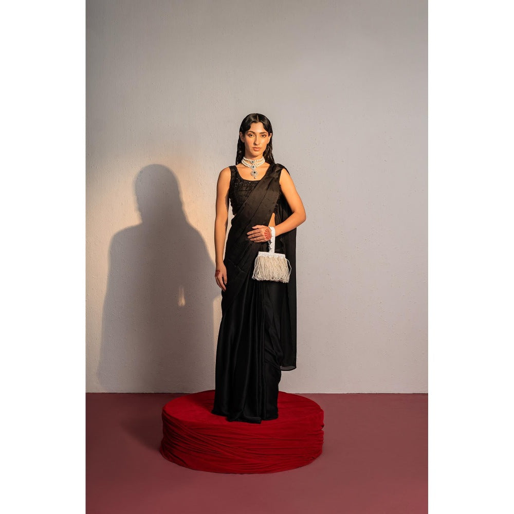 Redpine Designs Black Embroidered Pre Drape Saree with Stitched Blouse