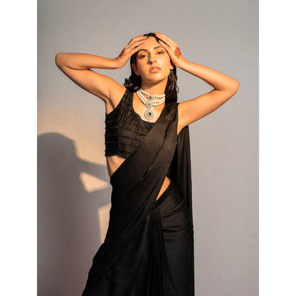 Redpine Designs Black Embroidered Pre Drape Saree with Stitched Blouse