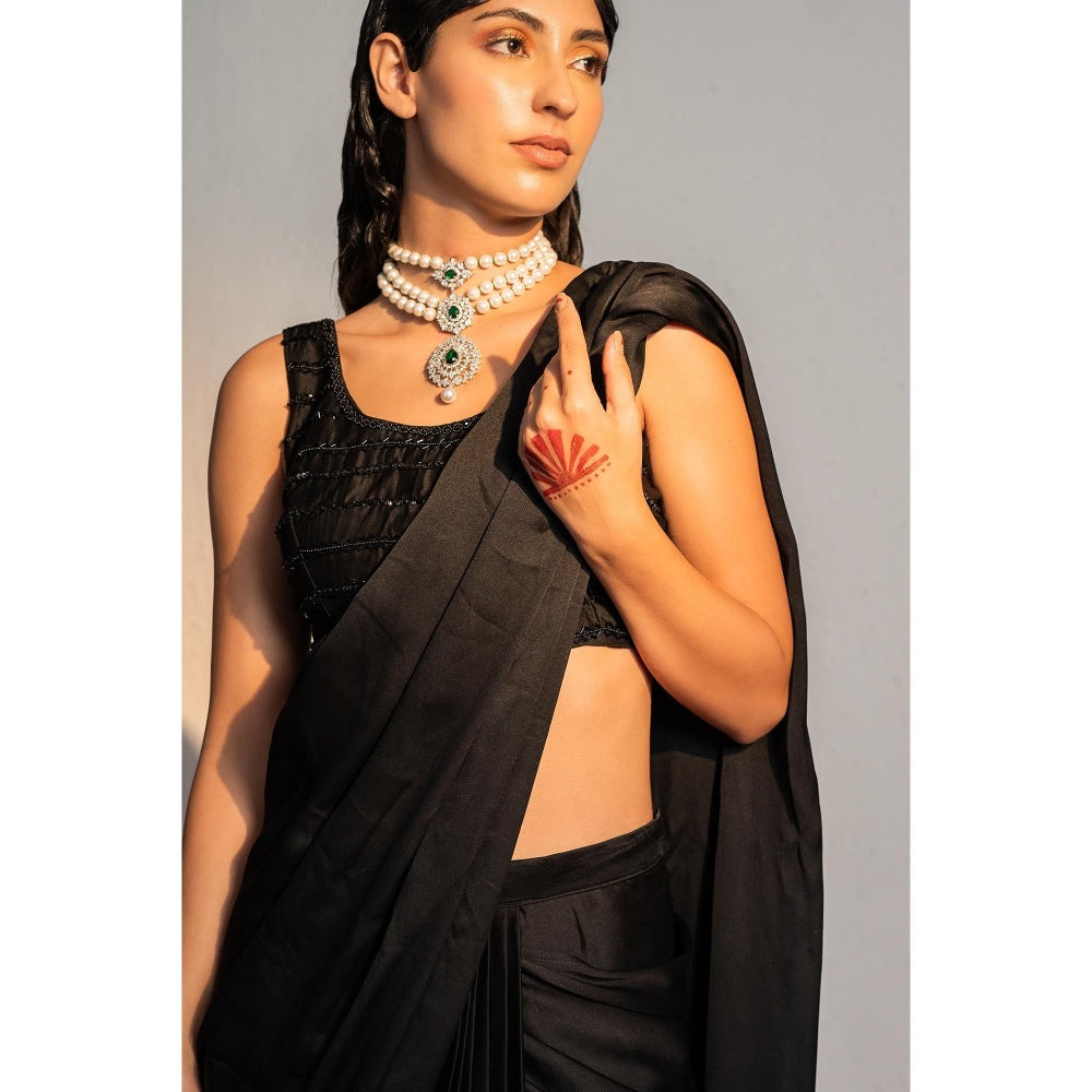 Redpine Designs Black Embroidered Pre Drape Saree with Stitched Blouse