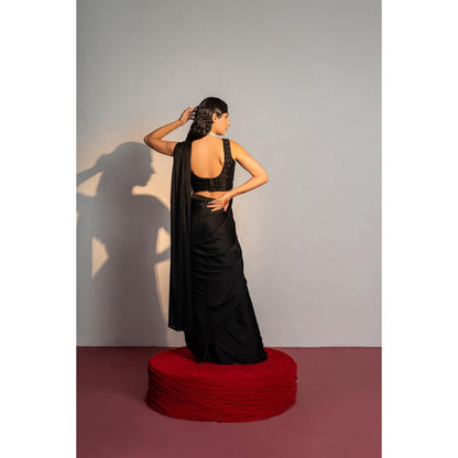 Redpine Designs Black Embroidered Pre Drape Saree with Stitched Blouse