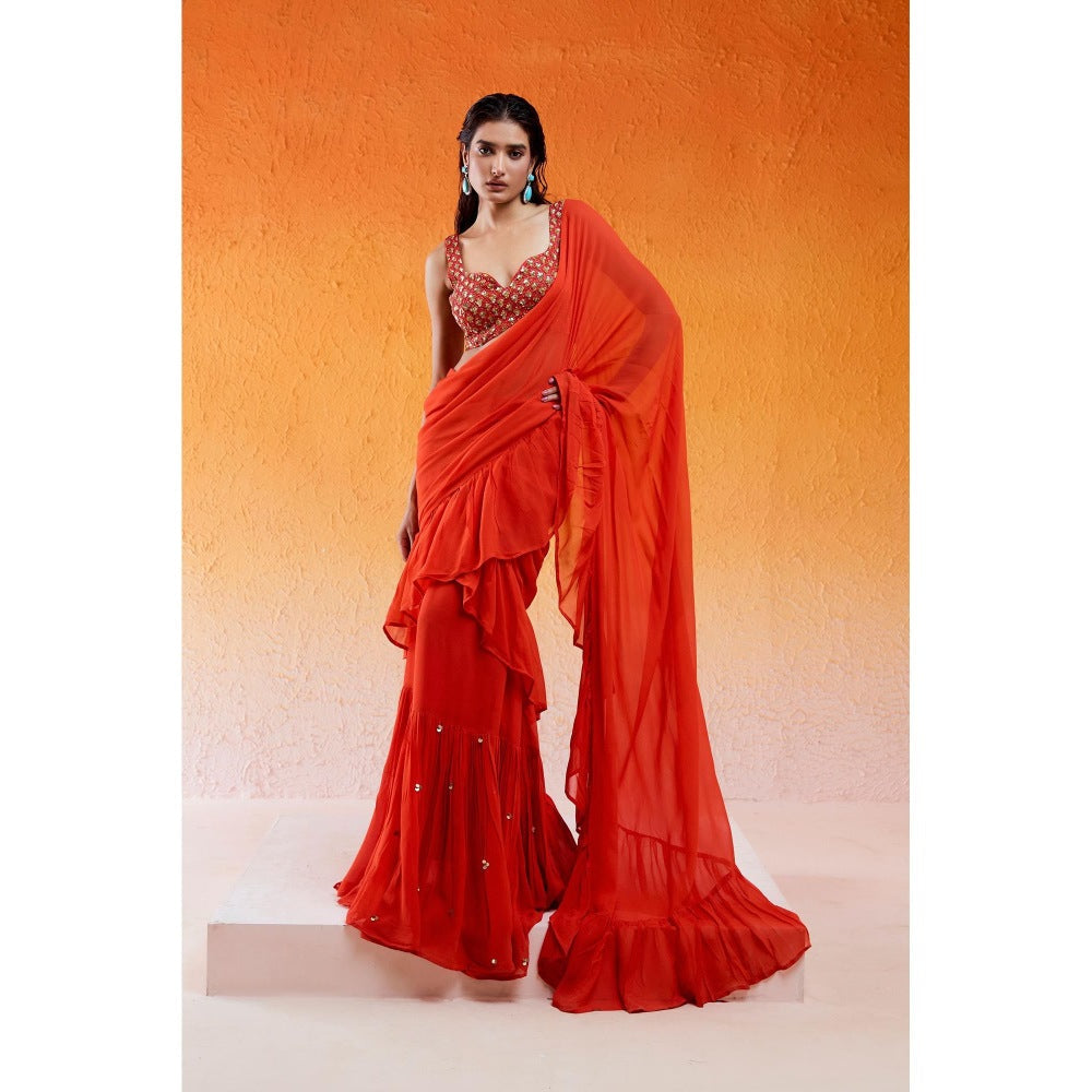 Redpine Designs Orange Embroidered Pre Draped Saree with Stitched Blouse