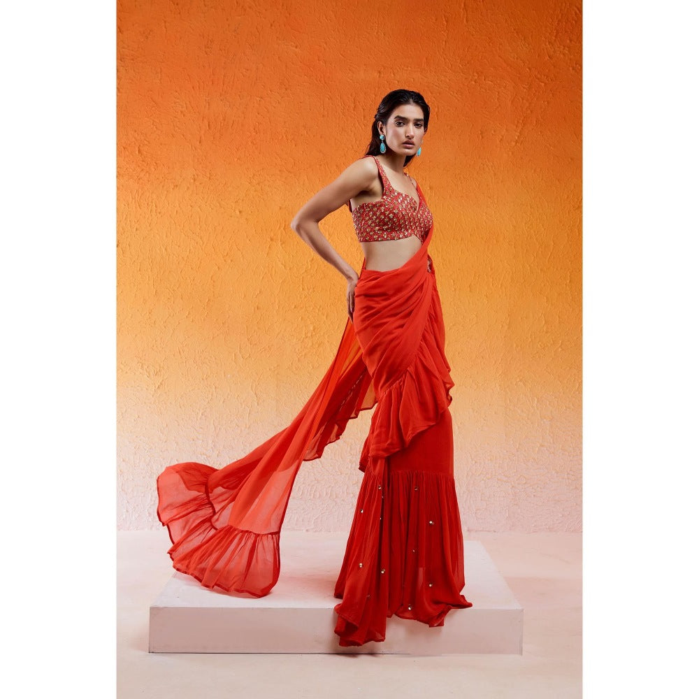 Redpine Designs Orange Embroidered Pre Draped Saree with Stitched Blouse
