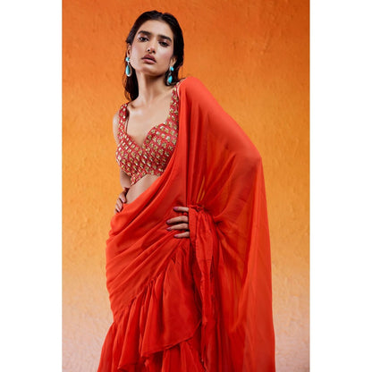Redpine Designs Orange Embroidered Pre Draped Saree with Stitched Blouse
