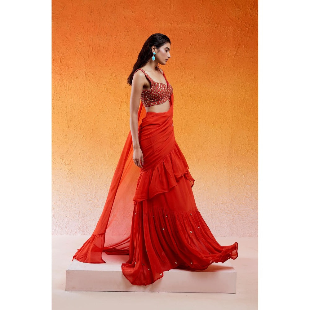 Redpine Designs Orange Embroidered Pre Draped Saree with Stitched Blouse