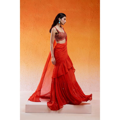 Redpine Designs Orange Embroidered Pre Draped Saree with Stitched Blouse