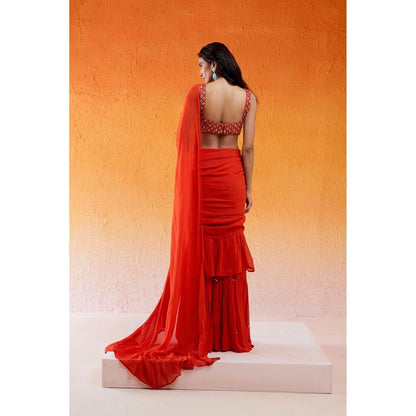 Redpine Designs Orange Embroidered Pre Draped Saree with Stitched Blouse