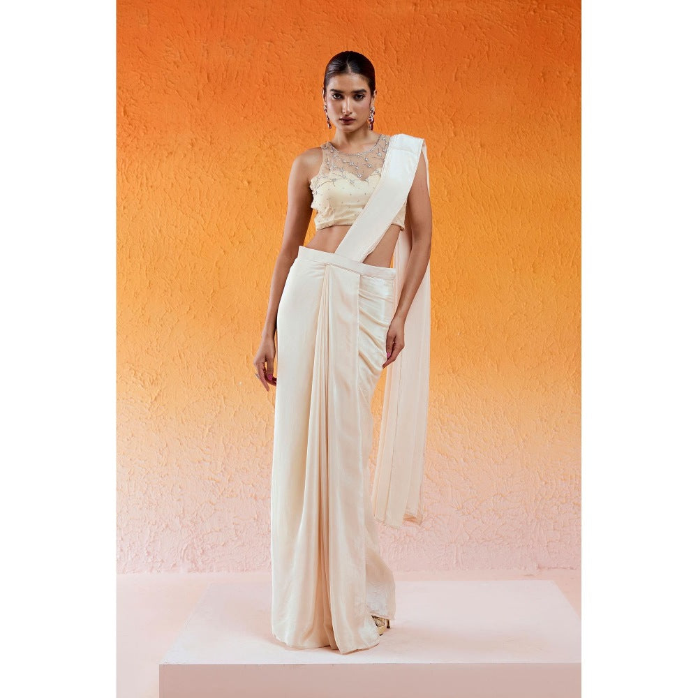 Redpine Designs Ivory Embroidered Pre Draped Saree with Stitched Blouse