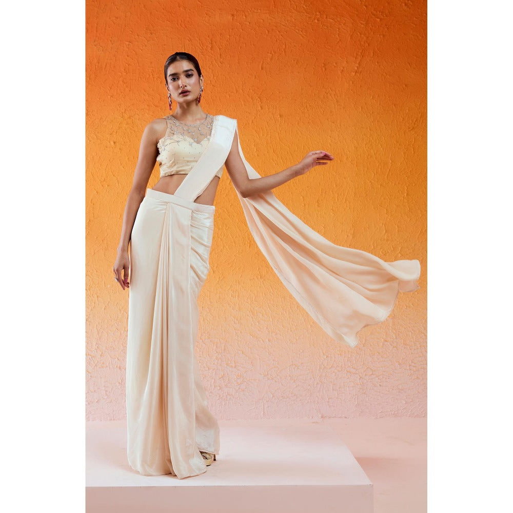 Redpine Designs Ivory Embroidered Pre Draped Saree with Stitched Blouse