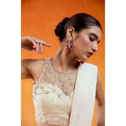 Redpine Designs Ivory Embroidered Pre Draped Saree with Stitched Blouse