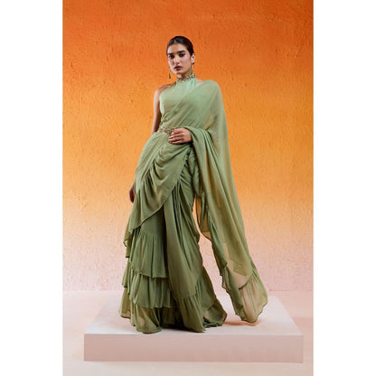 Redpine Designs Pista Green Embroidered Pre Drape Saree with Stitched Blouse and Belt
