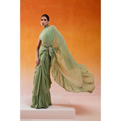 Redpine Designs Pista Green Embroidered Pre Drape Saree with Stitched Blouse and Belt