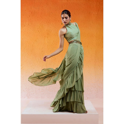 Redpine Designs Pista Green Embroidered Pre Drape Saree with Stitched Blouse and Belt