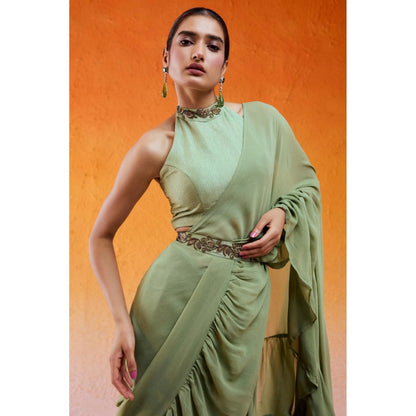 Redpine Designs Pista Green Embroidered Pre Drape Saree with Stitched Blouse and Belt