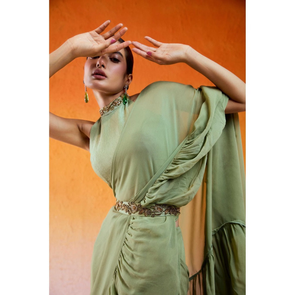 Redpine Designs Pista Green Embroidered Pre Drape Saree with Stitched Blouse and Belt