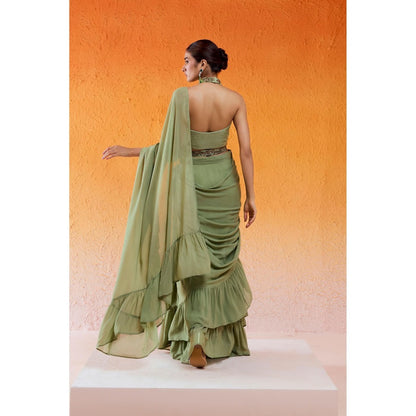 Redpine Designs Pista Green Embroidered Pre Drape Saree with Stitched Blouse and Belt