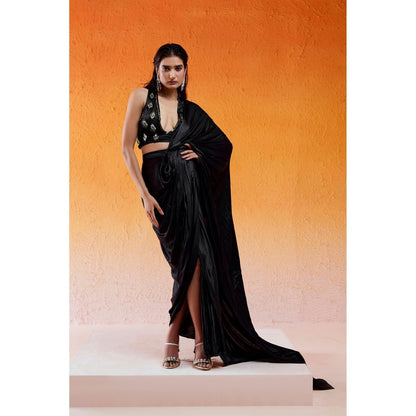 Redpine Designs Black Embellished Pre Draped Saree with Stitched Blouse