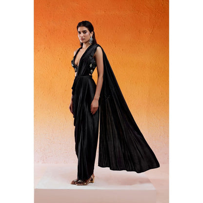 Redpine Designs Black Embellished Pre Draped Saree with Stitched Blouse