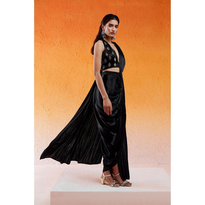 Redpine Designs Black Embellished Pre Draped Saree with Stitched Blouse