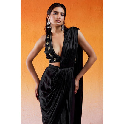 Redpine Designs Black Embellished Pre Draped Saree with Stitched Blouse