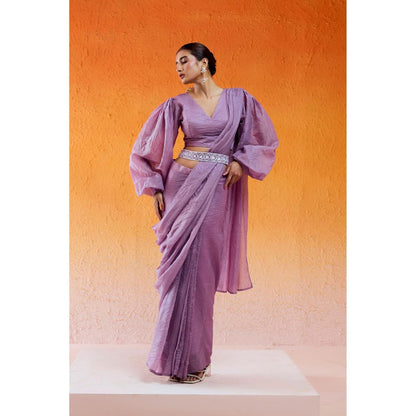 Redpine Designs Lavender Pre Drape Saree with Stitched Blouse and Belt