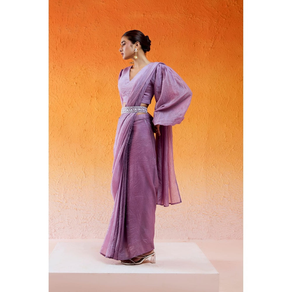 Redpine Designs Lavender Pre Drape Saree with Stitched Blouse and Belt