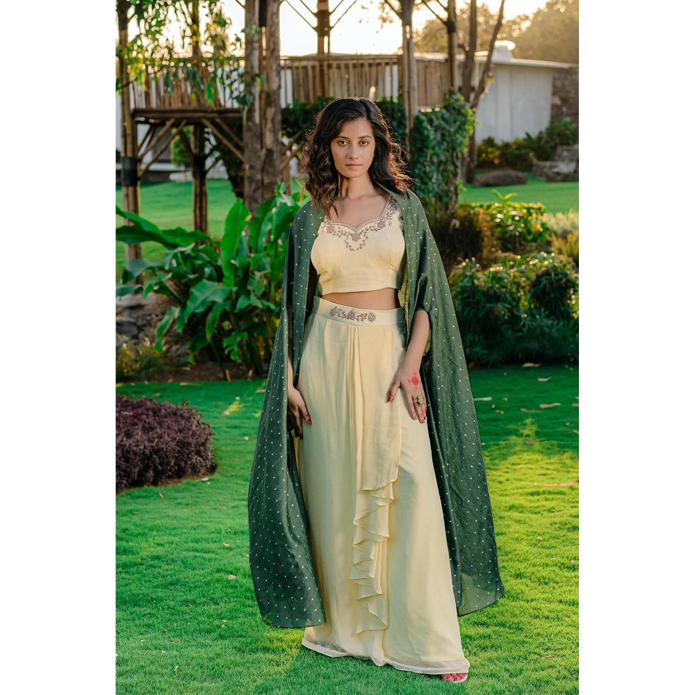 Redpine Designs Forest Green Embroidered Drape Lehenga with Blouse and Cape (Set of 3)