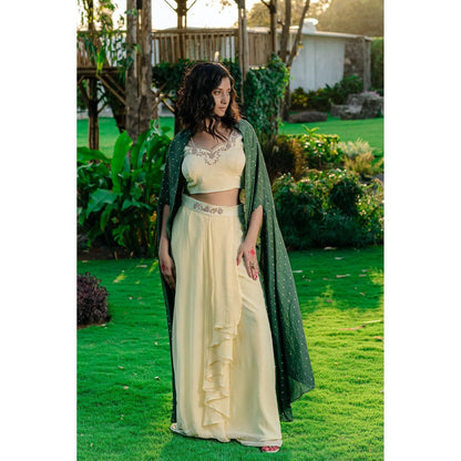 Redpine Designs Forest Green Embroidered Drape Lehenga with Blouse and Cape (Set of 3)