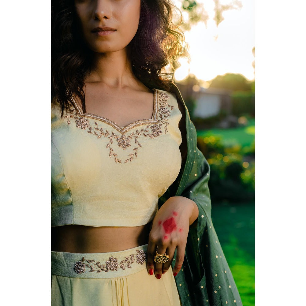 Redpine Designs Forest Green Embroidered Drape Lehenga with Blouse and Cape (Set of 3)