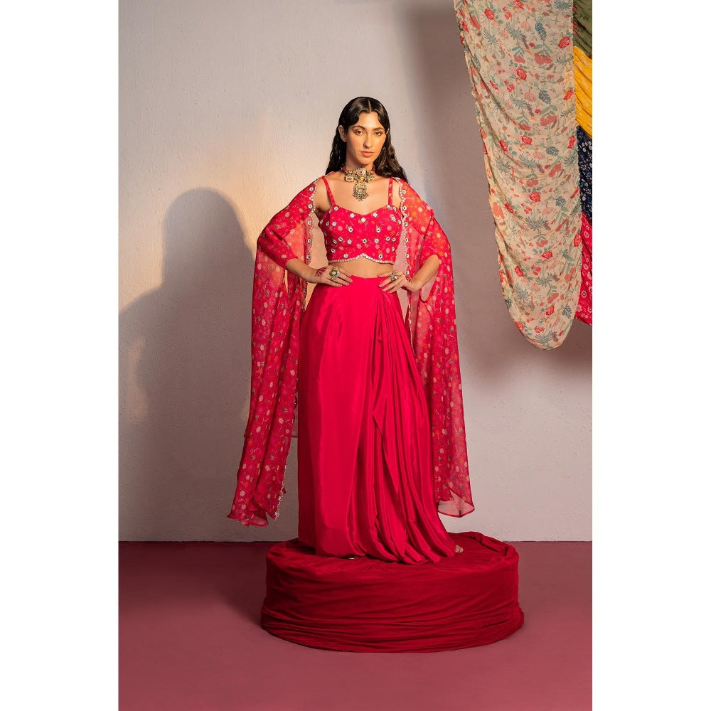 Redpine Designs Hot Pink Printed, Embroidered Lehenga with Cape and Blouse (Set of 3)