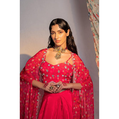 Redpine Designs Hot Pink Printed, Embroidered Lehenga with Cape and Blouse (Set of 3)
