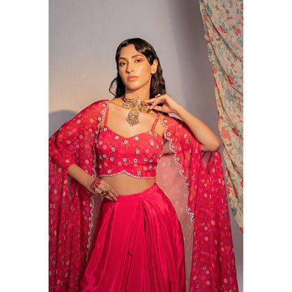Redpine Designs Hot Pink Printed, Embroidered Lehenga with Cape and Blouse (Set of 3)