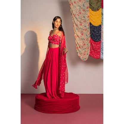 Redpine Designs Hot Pink Printed, Embroidered Lehenga with Cape and Blouse (Set of 3)