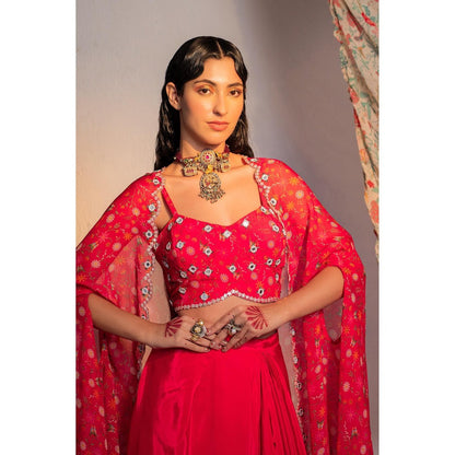 Redpine Designs Hot Pink Printed, Embroidered Lehenga with Cape and Blouse (Set of 3)