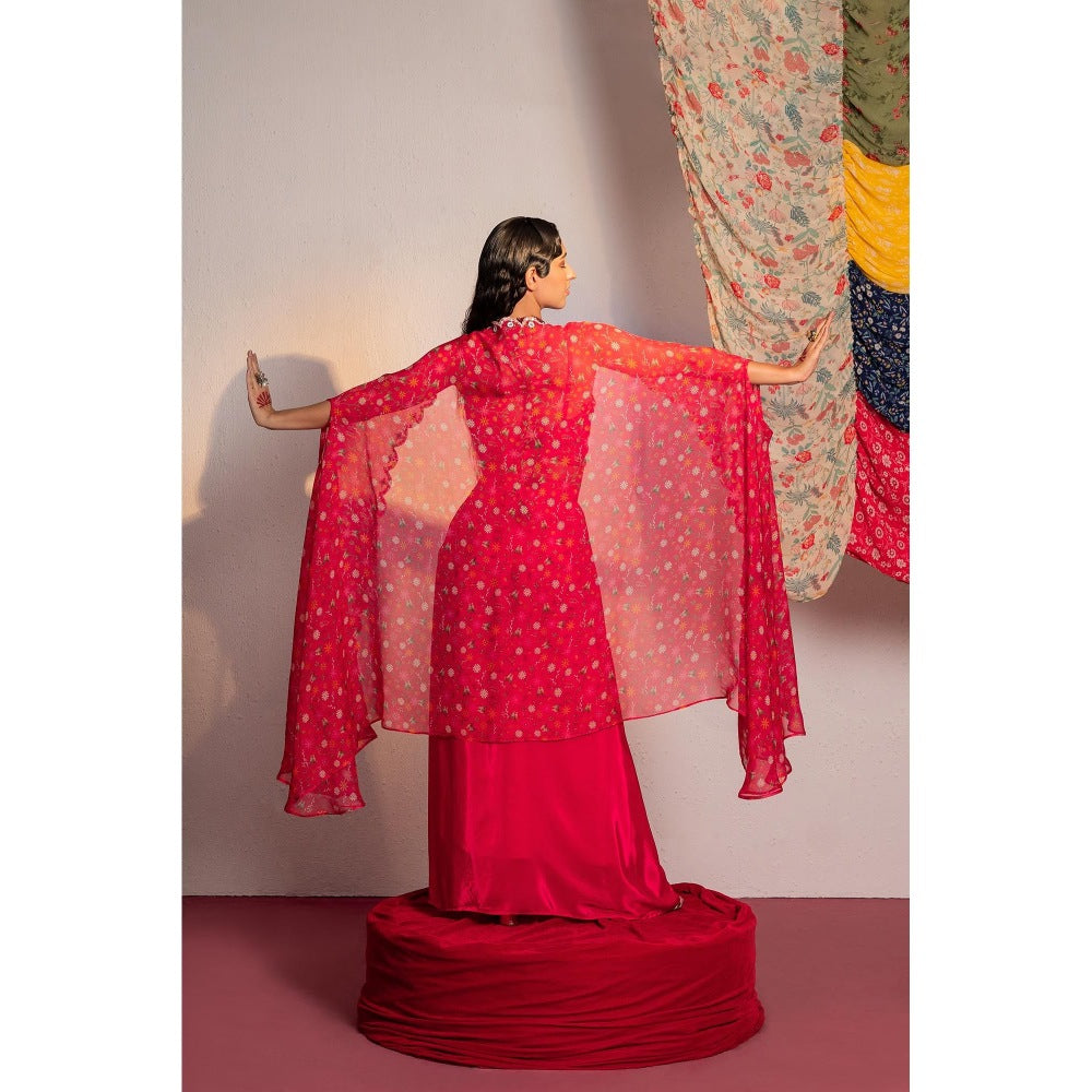 Redpine Designs Hot Pink Printed, Embroidered Lehenga with Cape and Blouse (Set of 3)