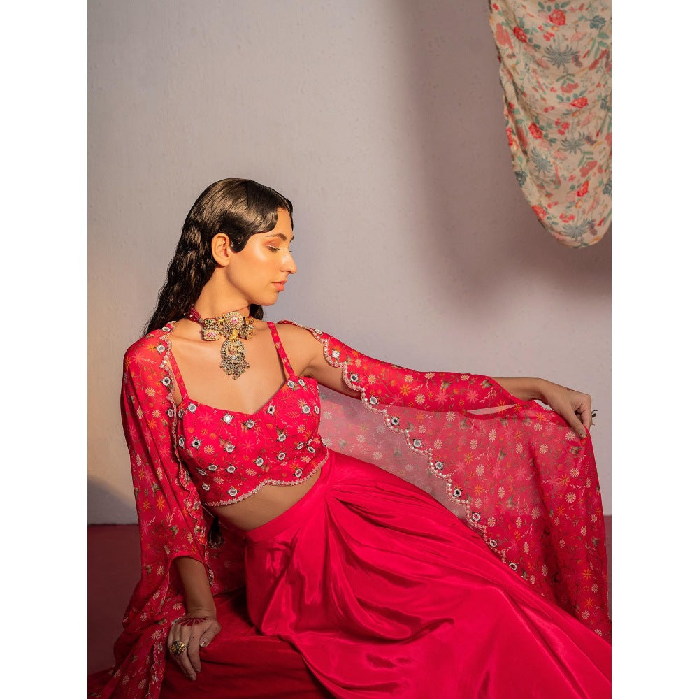 Redpine Designs Hot Pink Printed, Embroidered Lehenga with Cape and Blouse (Set of 3)