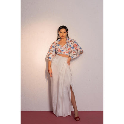 Redpine Designs White Printed Drape Skirt with Short Cape and Blouse (Set of 3)