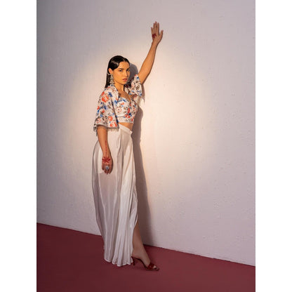 Redpine Designs White Printed Drape Skirt with Short Cape and Blouse (Set of 3)