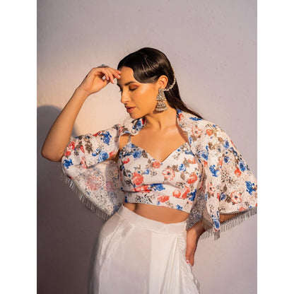 Redpine Designs White Printed Drape Skirt with Short Cape and Blouse (Set of 3)