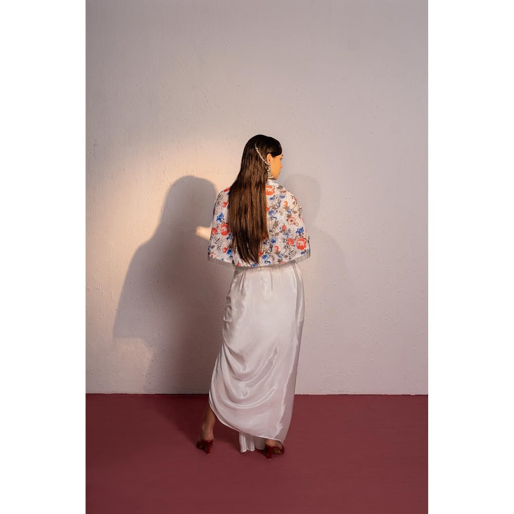 Redpine Designs White Printed Drape Skirt with Short Cape and Blouse (Set of 3)