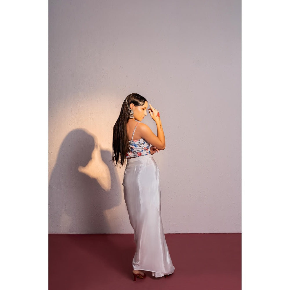 Redpine Designs White Printed Drape Skirt with Short Cape and Blouse (Set of 3)